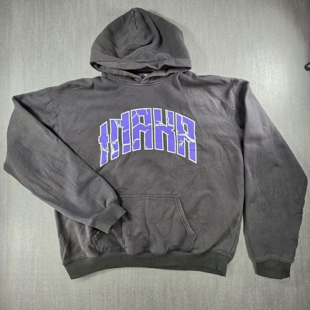 Inaka Power Hoodie Mens XL Grey Purple Cracked Graphic Pullover Streetwear